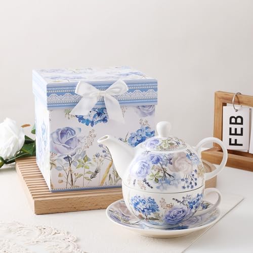 fanquare Blue and Purple Roses and Hydrangeas Porcelain Tea for One Set - Image 3