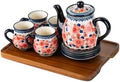 polish pottery style porcelain ceramic 10 piece Tea set,7.2oz tea cup and sauce set of 4,28.2oz teapot and 1wooden tray (Snow and Plum) by ONECCI