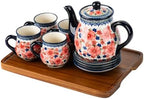 polish pottery style porcelain ceramic 10 piece Tea set,7.2oz tea cup and sauce set of 4,28.2oz teapot and 1wooden tray (Snow and Plum) by ONECCI