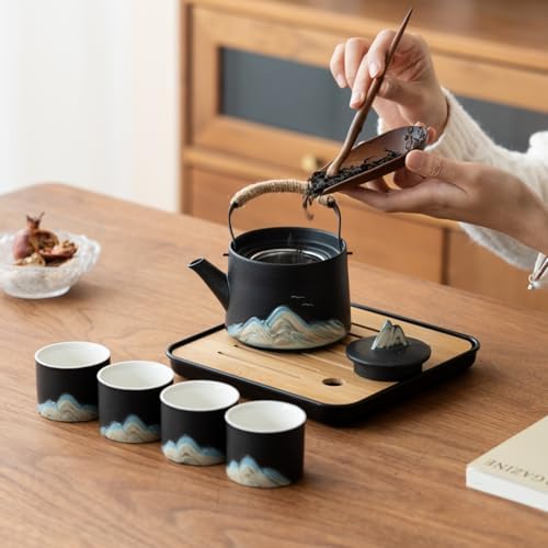 Chinese Tea Set – Black Porcelain Gongfu Teapot with 4 Black Cups & Tea Tray & Tea Strainer, Travel Tea Set with Carrying Case for Tea Ceremony, Daily Tea Ritual, Asian Style Gift - Image 5