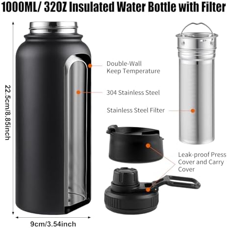Sivaphe 32 oz Tea Infuser Bottle With Removable Filter,18/8 Stainless Steel Insulated Water Bottle for Loose Leaf Tea,1L Strainer Travel Tumbler with Lid Black - Image 4