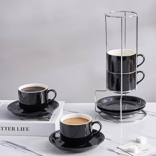 8 Ounce Stackable Cappuccino Cups with Saucers and Metal Stand - Image 7