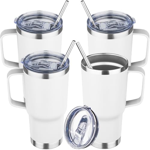 20 oz Tumbler with Handle Stainless Steel Insulated Coffee Mug Tumbler with Lid and Straw Double Wall Vacuum Insulated Coffee Mug Leak Proof Travel Mug for Hot and Cold Drink (White,4pack) by YEBTSLife