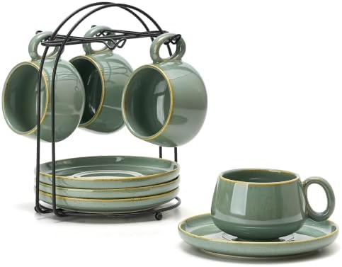 LUKA 7.77 oz Ceramic Cappuccino Cups with Saucers and Metal Stand, Set of 4 Large Unique Porcelain Coffee Cup for Latte, Cafe Mocha, Tea, Espresso, Dishwasher Safe, Wild Sage Earth Speckle by LUKA