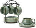 LUKA 7.77 oz Ceramic Cappuccino Cups with Saucers and Metal Stand, Set of 4 Large Unique Porcelain Coffee Cup for Latte, Cafe Mocha, Tea, Espresso, Dishwasher Safe, Wild Sage Earth Speckle by LUKA