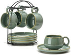 LUKA 7.77 oz Ceramic Cappuccino Cups with Saucers and Metal Stand, Set of 4 Large Unique Porcelain Coffee Cup for Latte, Cafe Mocha, Tea, Espresso, Dishwasher Safe, Wild Sage Earth Speckle by LUKA