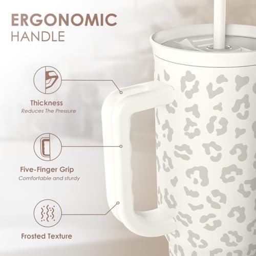 SANDJEST Leopard Tumbler with Handle, Insulated Cup Stainless Steel Travel Mug Cup, Gifts for Women Girl on Birthday Christmas, Cream Leopard, 40oz - Image 3