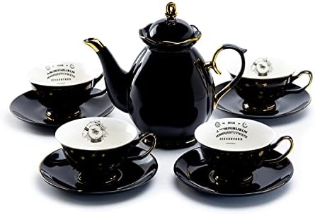 Black Gold Scallop Teapot + 4 Assorted Halloween Tea Cup and Saucer Sets - Ouija and Witchy Crystal Ball by Unknown