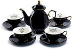 Black Gold Scallop Teapot + 4 Assorted Halloween Tea Cup and Saucer Sets - Ouija and Witchy Crystal Ball by Unknown