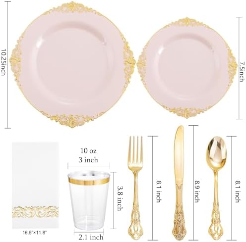 YOUBET 700 PCS Pink and Gold Plastic Dinnerware Set for Wedding Party - Image 2