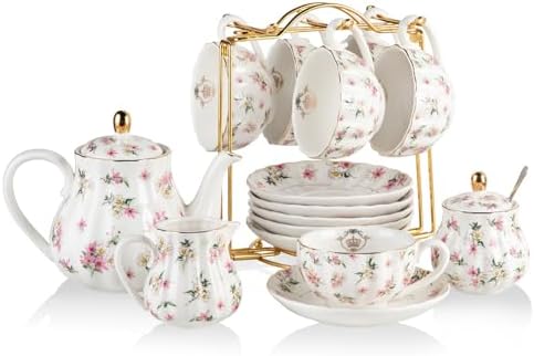 Porcelain Tea Sets British Royal Series, 8 OZ Cups& Saucer Service for 6, with Teapot Sugar Bowl Cream Pitcher Teaspoons and tea strainer for Tea/Coffee with 3 Tier Ceramic Cake Stand - Image 2