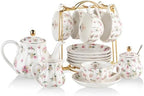 Porcelain Tea Sets British Royal Series, 8 OZ Cups& Saucer Service for 6, with Teapot Sugar Bowl Cream Pitcher Teaspoons and tea strainer for Tea/Coffee with 3 Tier Ceramic Cake Stand - Image 2