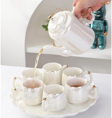 White,B, Coffee Cup Set,Pearl White Porcelain Tea Sets, Pearl Handle Design Tea Cup Set, with Teapot Teacups Tea Plate, Tea Set for Tea/Coffee - Image 4