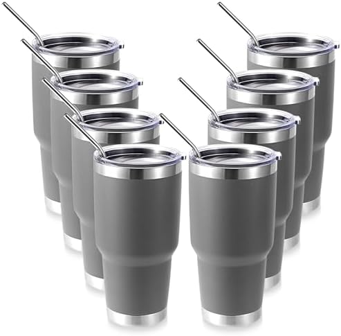 Volhoply 30oz Insulated Tumbler with Lid and Straw, Double Wall Inner & Outer 304 Stainless Steel Tumblers Bulk, Powder Coated Coffee Cup for Office, Home, Travel (Gray,8 Pack) by LiveFully%EF%BC%8CDrinkFreely%E2%80%94KeepGoingwithVolhoply%EF%BC%81