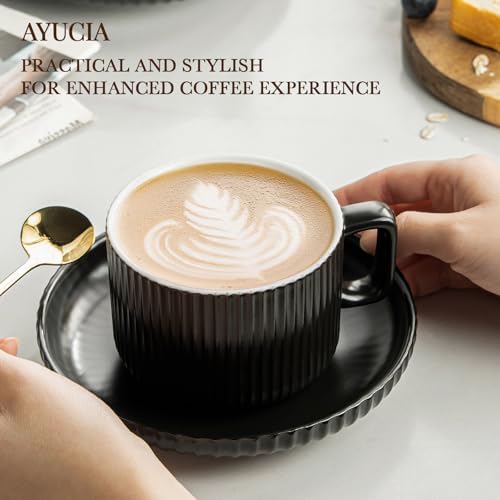 8 Ounce Cappuccino Cups Set of 4, Latte Mugs with Saucers and Spoons, Black Ceramic Coffee Mugs Tea Cups for Cappuccino Latte Mocha Au Lait Macchiato Cafe - Image 3