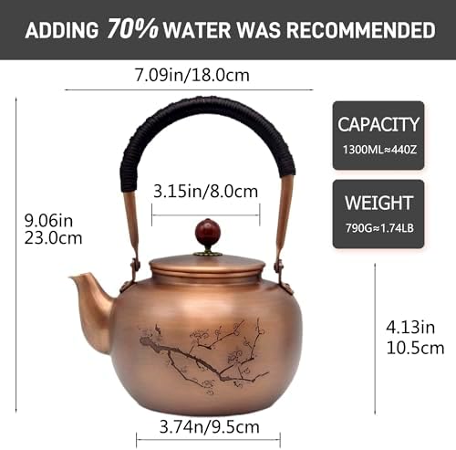 44oz Handmade Pure Copper Teapot without Coating, SECHUDO Tea Kettle with Tea Ball for Loose Tea, Japanese Style Classic Tea Pot for Stovetop Safe, Plum Blossom Pattern(1300ml) - Image 5