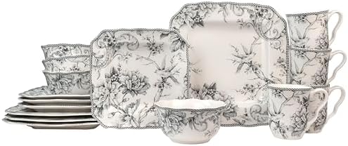 222 Fifth Adelaide Grey 16-Piece Floral Porcelain Dinnerware Set | Microwave and Dishwasher Safe Dining Set for 4 | Stackable and Chip-Resistant Plates Bowls and Cups | Gift for Housewarming & Wedding by 222Fifth