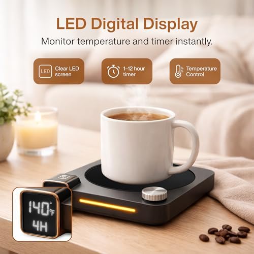 Coffee Mug Warmer for Desk, 40W Electric Cup Warmer with Digital Display, 9 Temp Settings, 1–12H Timer & Auto On/Off, LED Display Candle & Beverage Warmer Plate. - Image 3