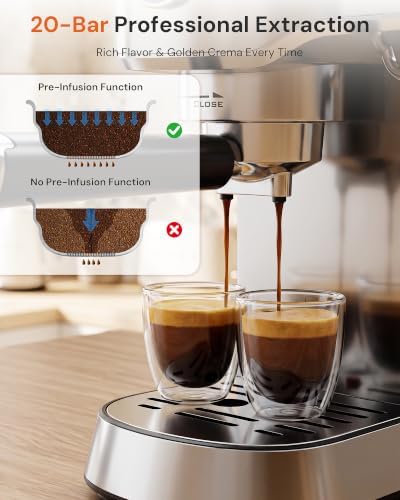 Kismile Compact 20 Bar Espresso Machine with Milk Frother, Single & Double Shot, 1350W Fast Thermoblock Heating System, Semi-Automatic for Home Baristas, Latte & Cappuccino, Premium Stainless Steel - Image 2