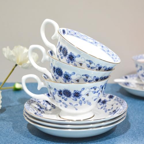 Bone China Tea Set, 21-Pieces Porcelain Tea Set for Adults, Tea Cups And Saucers for 6, with Teapot, Spoons, Sugar Bowl, Creamer Pitcher, Vintage Tea Set for Women Tea Party,Gift Box (Blue) - Image 6