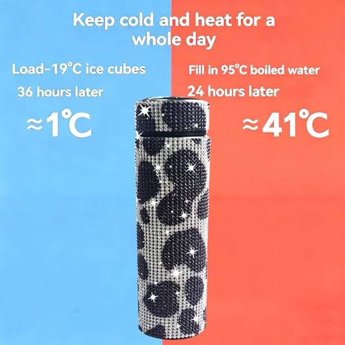 17 oz Bling Stainless Steel Water Bottle Rhinestone Vacuum Water Bottle Glitter Bottles Diamond Vacuum Flask Mug Gift Girls Women (500ml),Cow Black - Image 4