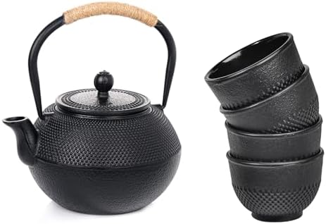 Sungmor Cast Iron Teapot Set with 4 Cups, 1200ml/40oz Japanese Tetsubin Kettle with Stainless Steel Infuser, Stovetop Safe Teapot for Loose Leaf Tea by Sungmor