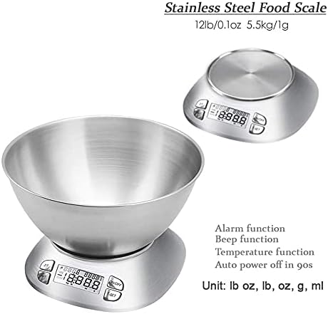 Digital Kitchen Scale with Removable Bowl 2.5L Volume, Electronic Stainless Steel Food Scale for Cooking Baking, Room Temperature, Alarm Timer, 12lb 5.5kg, Batteries Included - Image 4