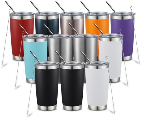 COMOOO 20oz Tumbler with Straw Stainless Steel Insulated Coffee Tumbler Cups Double Wall Vacuum Travel Coffee Mug with Splash Proof Sliding Lid for Hot Cold Drinks (Mix Color,12 Pack) by COMOOO