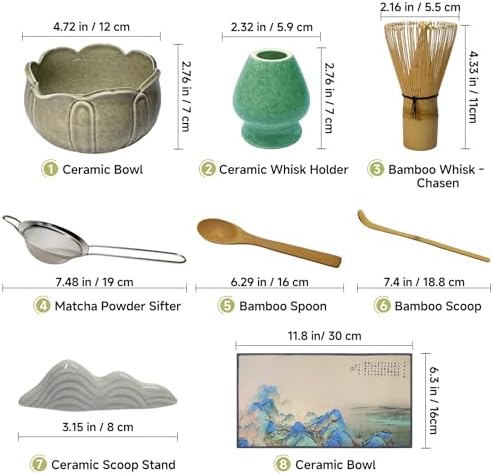 8-Piece Matcha Whisk Set, Ceramic Bowl and Tools, Celadon Lotus - Image 2