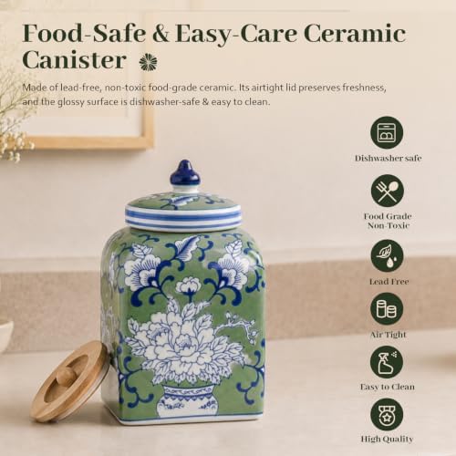 Ceramic Tea Canister with Airtight Lid, 10" H Kitchen Decor Jar for Loose Leaf Tea & Coffee Bean Storage, Hand-painted Chinoiserie Ginger Jars for Home Decor, 121 fl oz - Green Peony - Image 4