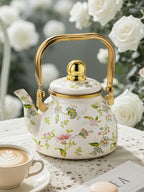 Enamel Tea Kettle for Stovetop, 1.2L Floral Tea Kettle with Gold Handle & Stainless Steel Infuser, Vintage Teapot, Tea Kettle Stovetop for Gas, Induction & Electric Stoves - Image 3