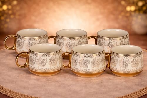 Porcelain 6 Piece Tea Cup Set, Aesthetic Classic Teaware Set for Home, Kitchen Decor & Gifting (Gold Leaf) tea set cup - Image 5