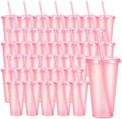 36 Pcs Pink Tumblers with Straw & Lid - 24oz Coffee Cups by Pineburg