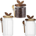Set of 3 Striped Glass Storage Canisters with Wooden Lids and Spoons, High Borosilicate Glass, Airtight Kitchen Organization Containers for Coffee Beans, Tea, Sugar, Snacks and More by Unknown