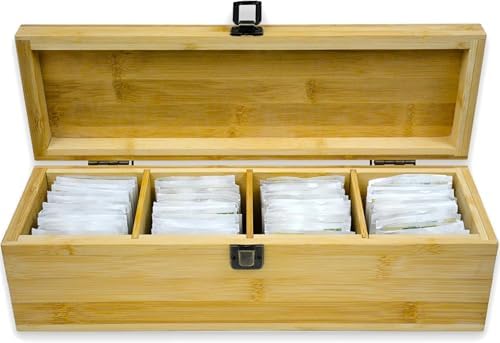 Tea Organizer Box Food Safe Bamboo Wood Chemical Free Big, Tall, Adjustable Cubbies Natural Storage Chest (4-Slot Across 14.3" x 4.4" x 4.2" with Tea Cup design) - Image 4