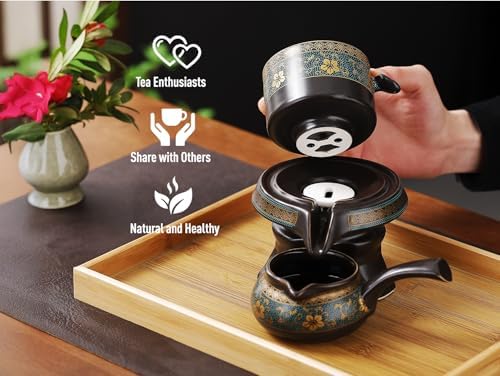 Japanese tea set with Infuser Semi Automatic Tea Set Magic Teapot with 6 cups Japanese Teapot Set,Gongfu Tea Set Chinese tea set (Automatic-Golden Flower) - Image 3