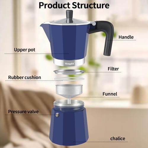 Mongdio Stovetop Espresso Maker Moka Pot, Stove Top Cuban Coffee Maker, Italian Greca Mocha Pot, 12 Espresso Cups, 20 oz - Blue - Image 3