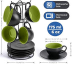 MIAMIO - Set of 6, Ceramic Stackable Cappuccino Cups Set / 6 Ounce Cappuccino Mugs and Saucer with Metal Stand for Coffee Drinks, Cafe, Latte, Americano and Tea - Le Papillon Collection (Green) - Image 2