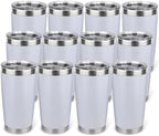 20oz Stainless Steel Tumbler Bulk with Lid, Travel Mug - Double Wall Vacuum Powder Coated Cup - White, 12 Pack by Unknown