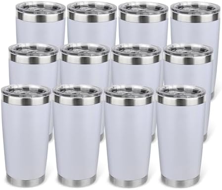 20oz Stainless Steel Tumbler Bulk with Lid, Travel Mug - Double Wall Vacuum Powder Coated Cup - White, 12 Pack by Unknown