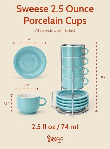 Sweese 2.5 Ounce Porcelain Stackable Espresso Cups with Saucers and Metal Stand Set of 4, Turquoise - Image 2