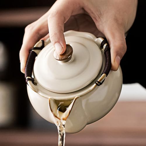 Ceramics Ru Kiln Crackled Glaze Teapot Hand Held Teapot 9pc Set, 300ml 10.1oz, Brew Tea Receive Guests Kungfu Tea Set - Image 3