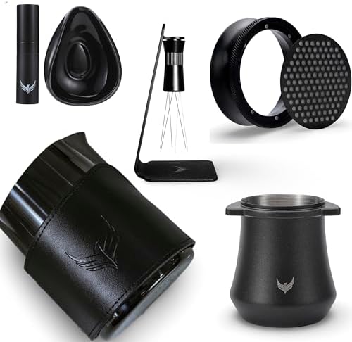 54mm Black Espresso Tool Kit - Magnetic Dosing Funnel, Milk Frothing Pitcher, Ceramic Dosing Cup,Puck Screen, WDT Tool, Grinder Activating Dosing Cup by KNODOS