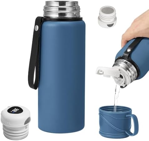 Double wall vacuum Leakproof stainless steel wide mouth insulated water bottle tea tumbler with cup,lid;smart thermoses hot coffee,thermal flask ice drinks with led digital temperature display by Unknown