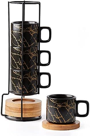 LUKA Porcelain Espresso Cup with Saucer and Metal Stand, 4 Ounce Stackable Ceramic Demitasse Espresso Mugs Cups Set for Latte,Coffee,Cafe Mocha,Tea(Set of 4) by LUKA