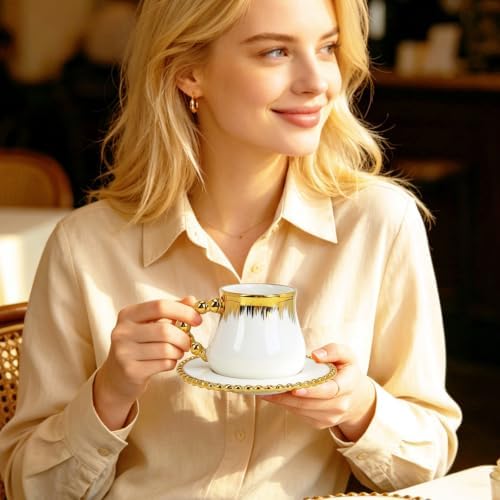 Coffee Cup Set of 4 with Saucers, 8 OZ Ceramic Espresso Cups, Turkish Coffee Cup Set for Cappuccino, Latte, Cafe Mocha and Tea, Dishwasher & Microwave Safe - Image 3