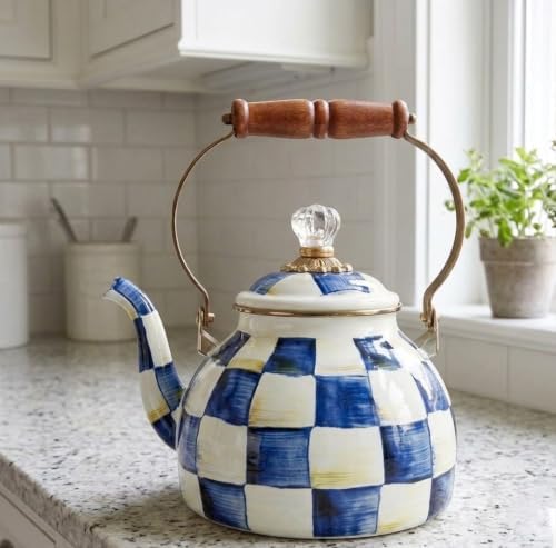 Checkered Tea Kettle for Checkered Kitchen Decor - Blue and White Tea Kettle for Stovetop - Stylish Enamel Teapot with Wooden Handle - Vintage Classic Teapot with Elegant Lid & Knob- 2.5 Quart - Image 6