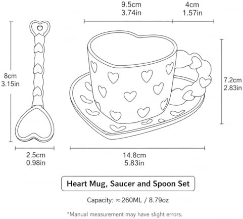 Red Cute Heart Shaped Coffee Mug with Saucer, 260ML Ceramic Tea Cup with Heart Handle, Aesthetic Latte Cappuccino Mug for Coffee Tea, Gift for Women Girls - Image 2