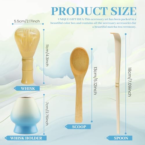 4 Piece Matcha Japanese Ceremony Set, Resin Matcha Whisk, Bamboo Spoon, Bamboo Scoop, Whisk Stand, Perfect Set for Preparing, Yellow - Gradient Blue - Image 2