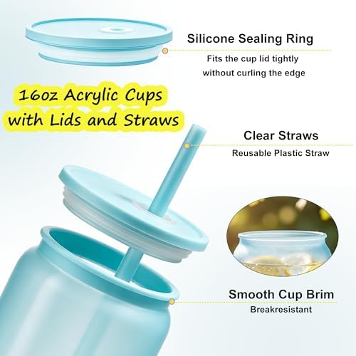16oz Acrylic Tumblers Cups with Lids and Straws, 12 Pack Plastic Mason Jars Iced Coffee Drinking Glasses for Park Picnic, Poolside, Party Giveaways, Jelly Color - Image 3